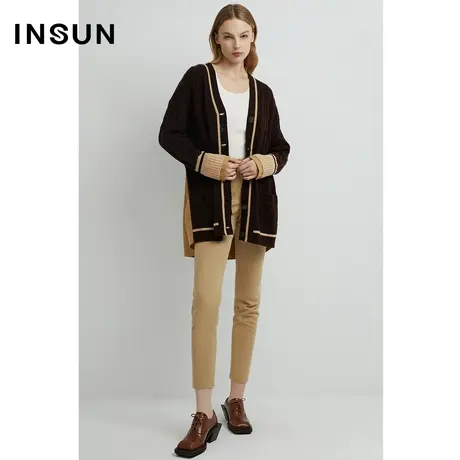 INSUN恩裳冬季扭绳工艺撞色拼接绵羊毛毛织衫图片