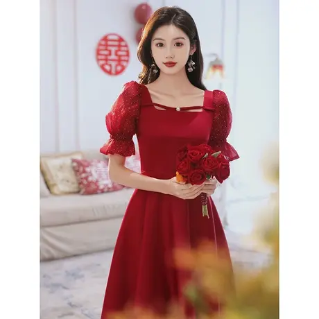 敬酒服小个子新娘夏季法式高级感订婚礼服裙气质花苞袖红色中长款商品大图