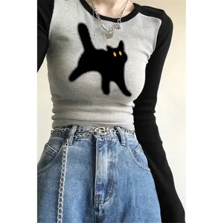 撞色拼接插肩长袖T恤女德绒磨毛保暖秋冬装内搭修身短款打底上衣商品大图