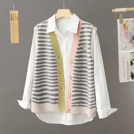 V领针织开衫马甲女新款2024春秋装宽松刺绣毛衣背心坎肩外套马夹商品大图