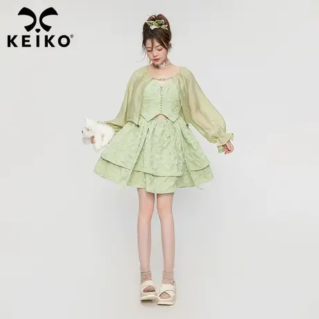 森林的精灵 绿色吊带连衣裙2023夏季高级感立体碎花显瘦蓬蓬裙子图片