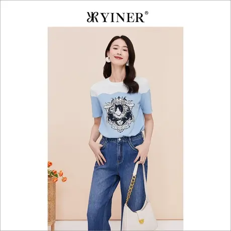 【赫本猫联名】YINER音儿线上专选女装2023夏短袖印花针织衫图片