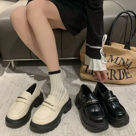 复古黑色小皮鞋女英伦风2024新款春季百搭厚底粗跟高级感乐福单鞋图片
