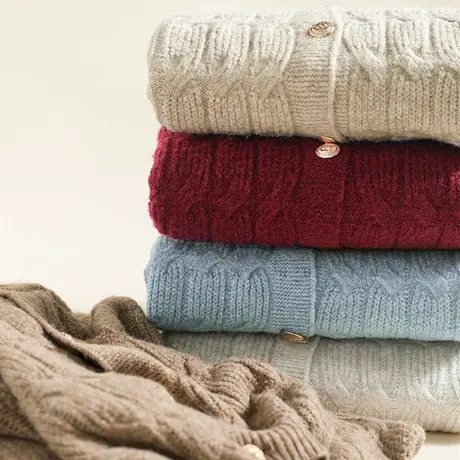 享永子【牛气冲天】牦牛绒纯色圆领金色扣子麻花针织开衫温柔毛衣图片