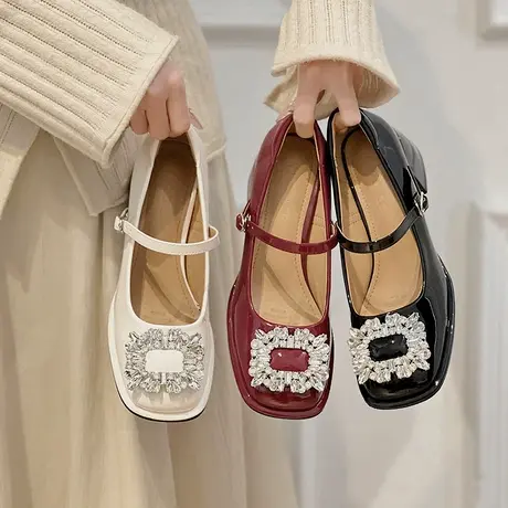 法式复古高跟红色小皮鞋女玛丽珍鞋女粗跟浅口单鞋水钻婚鞋新娘鞋商品大图