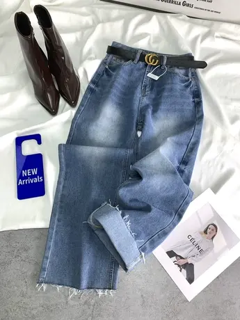 美式复古磨白牛仔阔腿裤女2024春季新款显瘦百搭bf宽松男友长裤潮商品大图