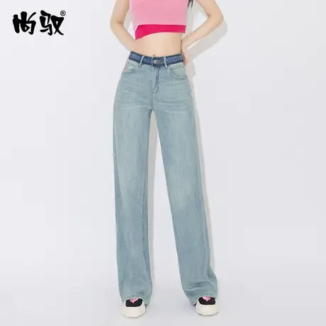 尚驭蓝色牛仔高腰薄料拖地裤春夏新款撞色直筒裤复古怀旧阔腿裤子图片