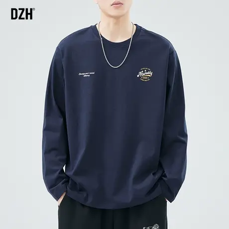 男士蓝色t恤男长袖纯棉圆领打底衫宽松上衣2024新款衣服男款内搭商品大图