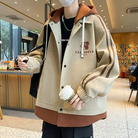 灯芯绒外套男春秋季假两件可拆卸连帽衣服青少年潮牌宽松拼接夹克图片