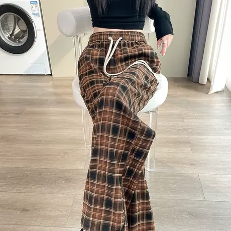 复古格子裤女春季新款高腰显瘦直筒裤格纹宽松遮胯休闲拖地阔腿裤图片