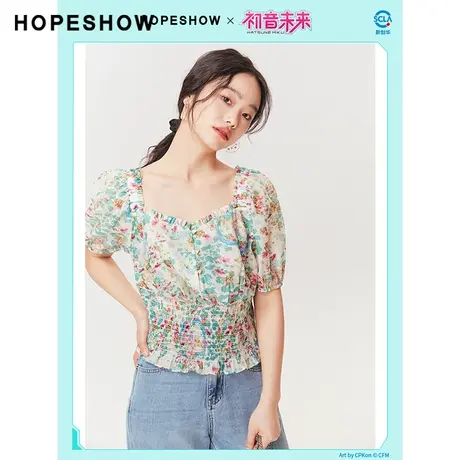 红袖outlets印花泡泡袖套头上衣hopeshow2023夏款方领短袖雪纺衫商品大图