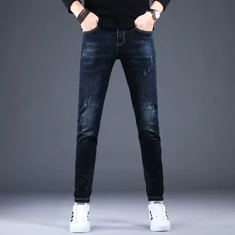 男士高端潮牌加绒牛仔裤男款秋款弹力百搭潮流休闲裤子男修身小脚图片