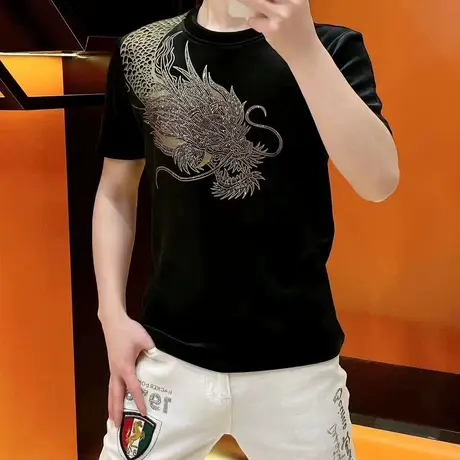 2024龙年新款男士金丝绒短袖T恤衫加肥加大码本命年中国龙潮卫衣商品大图