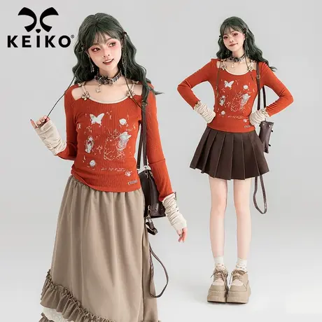 KEIKO 美式复古印花长袖t恤女2024春夏少女风露锁骨圆领打底上衣图片