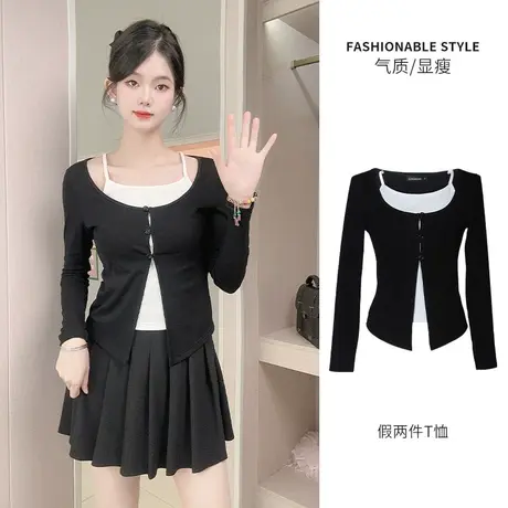减龄polo假两件长袖衬衫女装早春设计感拼接针织衫气质修身衬衣图片