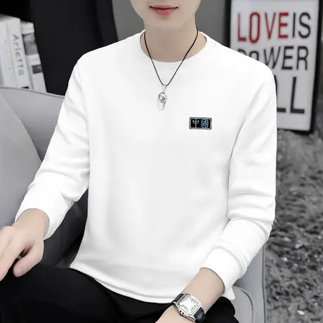 白色t恤男长袖纯棉中国潮流秋冬保暖内搭打底衫加绒加厚圆领秋衣商品大图