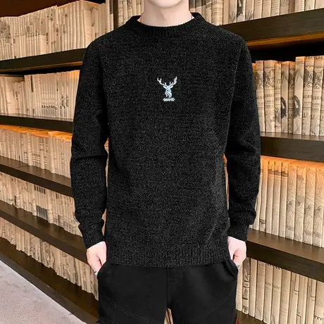 男士毛衣雪尼尔秋冬季韩版潮流针织打底衫圆领薄款秋装黑色潮上衣商品大图