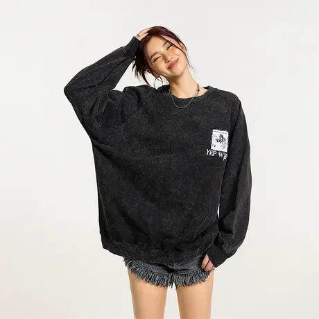 yep炒雪花潮牌美式卫衣女春秋设计感小众oversize黑色上衣ins复古商品大图