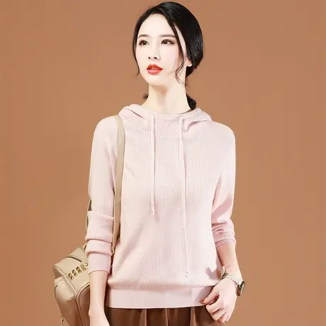 韩潮袭人粉色条纹毛衣秋冬新款外穿修身显瘦纯色套头连帽针织衫图片