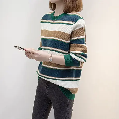 圆领毛衣女套头2023春秋新款宽松外穿上衣内搭打底衫条纹针织衫潮图片