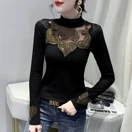 加绒打底衫女秋冬加厚修身百搭长袖T恤性感镂空小衫网纱拼接上衣图片