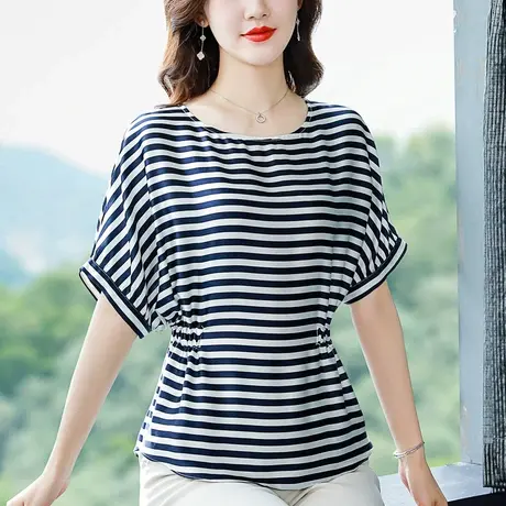 2023夏季新款短袖条纹缎面T恤妈妈小衫蝙蝠袖宽松显瘦别致上衣女商品大图