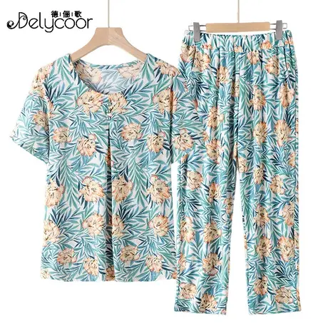 妈妈装夏季冰丝套装中老年女装碎花薄款气质短袖上衣60老人t恤女商品大图