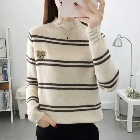 半高领一体绒加绒加厚条纹毛衣女2022冬季新款保暖针织打底衫内搭商品大图