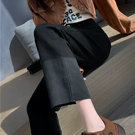 黑色拼接直筒牛仔裤女春秋2023年新款秋冬高腰显瘦烟管法棍裤九分图片