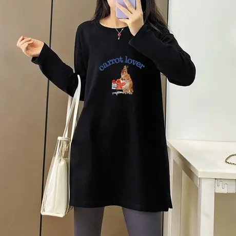 纯棉磨毛白色长袖t恤女韩版宽松大码上衣中长款春秋冬季打底衫潮商品大图