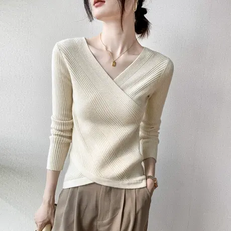 交叉设计感小众上衣女长袖2023秋季新款修身打底衫内搭v领针织衫图片