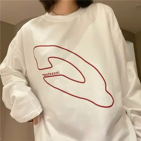 红续美式复古字母印花白色纯棉宽松长袖T恤女叠穿打底衫ins潮内搭商品大图