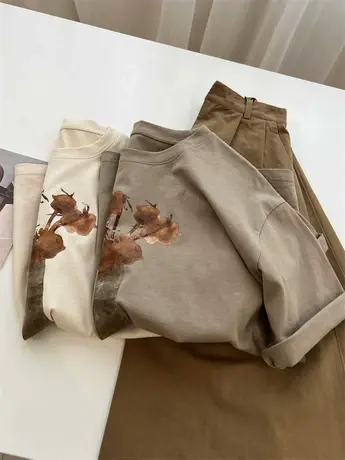 韩版复古花朵印花圆领短袖t恤女宽松大码慵懒风显瘦上衣夏季学生图片