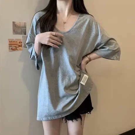 ins超火纯棉V领短袖T恤女夏季宽松大码百搭下摆开叉半袖上衣服潮商品大图