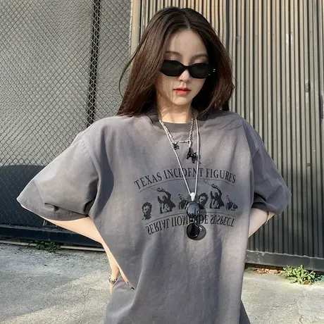美式复古纯棉短袖t恤女ins潮牌小众设计感宽松oversize半袖上衣夏商品大图