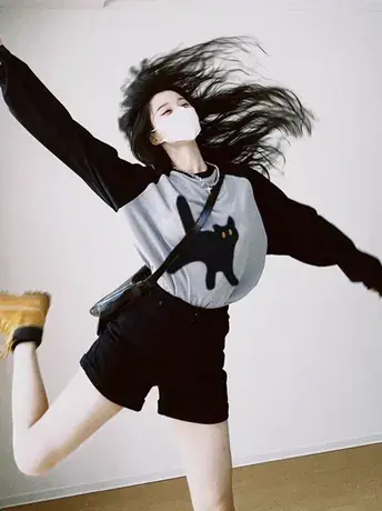 纯棉拼色插肩长袖t恤女2023新款宽松港味chic小众设计感打底上衣商品大图