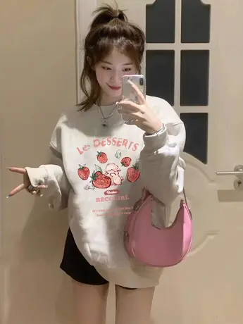 圆领卫衣女春秋薄款无帽宽松小众设计感慵懒风上衣小个子oversize商品大图