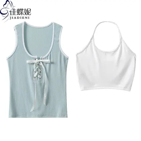 夏季新款韩版圆领修身短款纯欲纯棉辣妹纯色背心上衣打底套装女图片