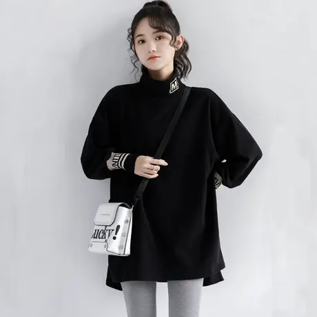 大码设计感胖mm半高领上衣女潮ins秋冬加绒款小众德绒内搭打底衫图片