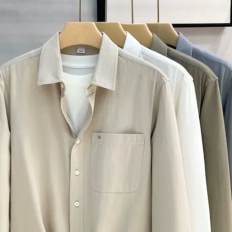 春秋纯棉净色工装长袖衬衫男衬衣男美式休闲通勤基础青年寸衫外套商品大图