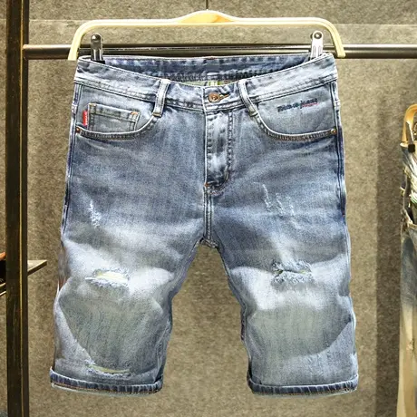 夏季薄款休闲韩版牛仔短裤男款高端潮流五分裤子潮牌破洞刺绣中裤商品大图