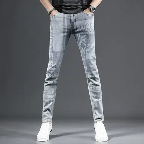 浅蓝色印花牛仔裤男2023夏季新款时尚潮牌修身小脚弹力百搭裤子男商品大图