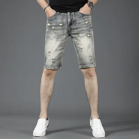 美式复古色牛仔短裤男破洞夏季薄款修身2023新款男士中裤五分裤潮商品大图