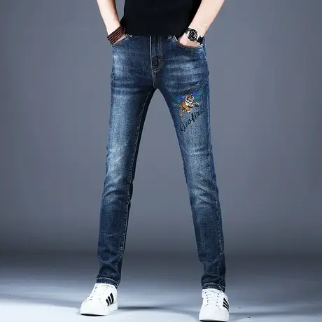男士刺绣潮牌牛仔裤男款高端修身小脚裤子韩版潮流休闲裤高档弹力商品大图