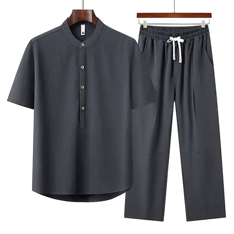 爸爸夏季薄款冰丝短袖T恤套装中老年人男士中国风中式爷爷装夏天图片