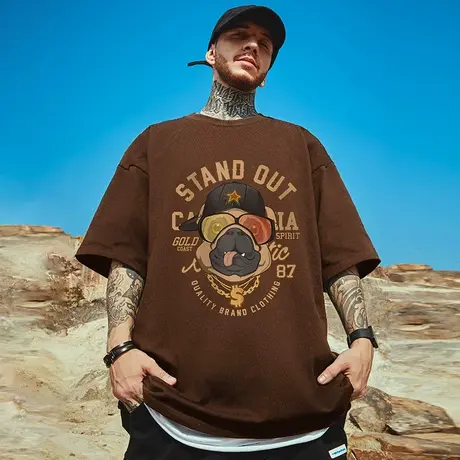 2023美式复古短袖t恤大码男装纯棉宽松夏季oversize上衣服ins潮牌商品大图