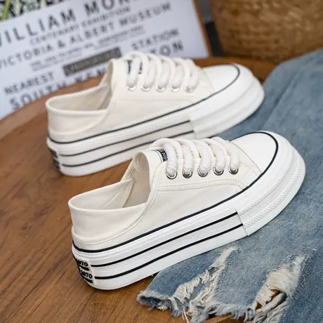 2023夏季新款厚底增高两穿小白鞋女百搭透气半拖学生帆布鞋女休闲商品大图