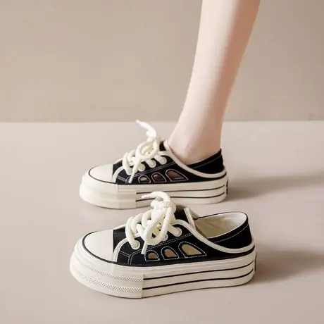 2023夏季新款透气镂空两穿小白鞋女半拖休闲学生厚底帆布鞋一脚蹬商品大图