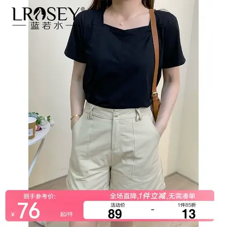 蓝若水大码女装显瘦方领短袖t恤夏季微胖MM休闲百搭遮肉正肩上衣图片