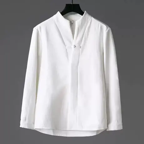 秋冬加绒长袖衬衫立领复古薄款唐装纯棉上衣茶服盘扣青年衬衣男士图片